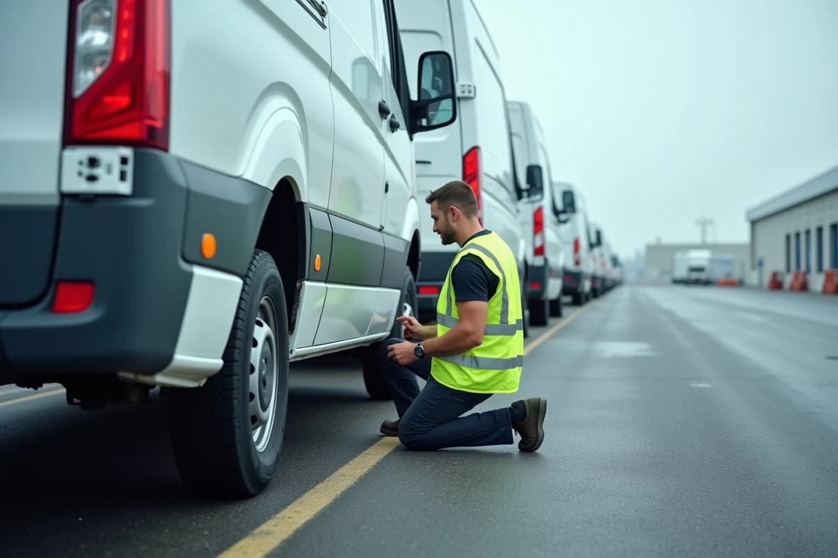Technicien remplaçant un pneu utilitaire sur un camion de livraison dans un dépôt logistique industriel