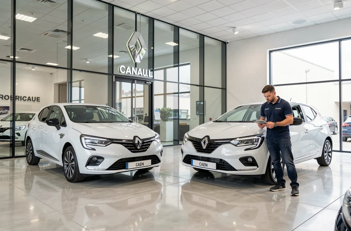 Showroom Renault Caen avec deux véhicules neufs exposés et un technicien effectuant une inspection