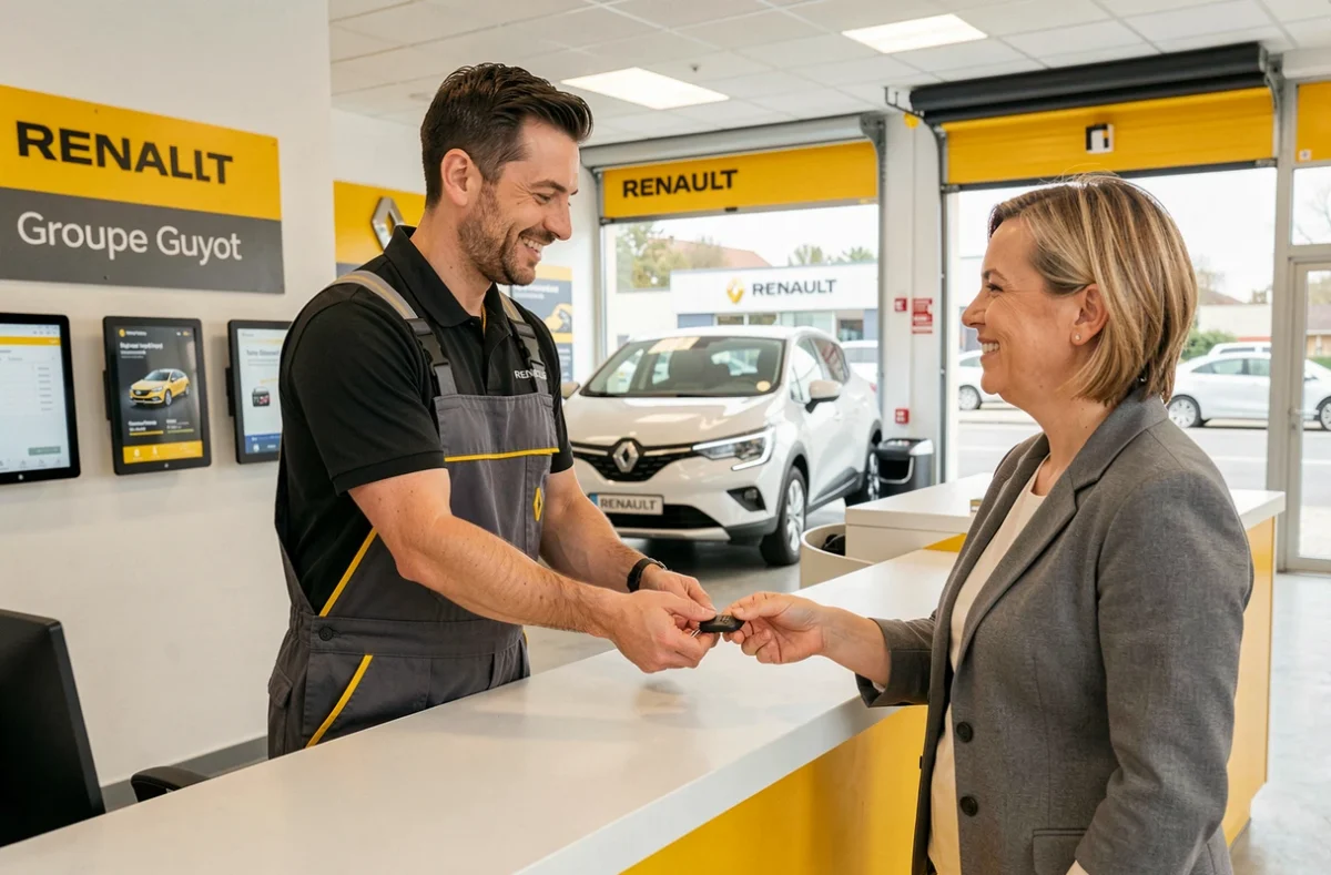 Technicien Renault Dijon Groupe Guyot remettant les clés d'un véhicule réparé à une cliente souriante à l'accueil du service