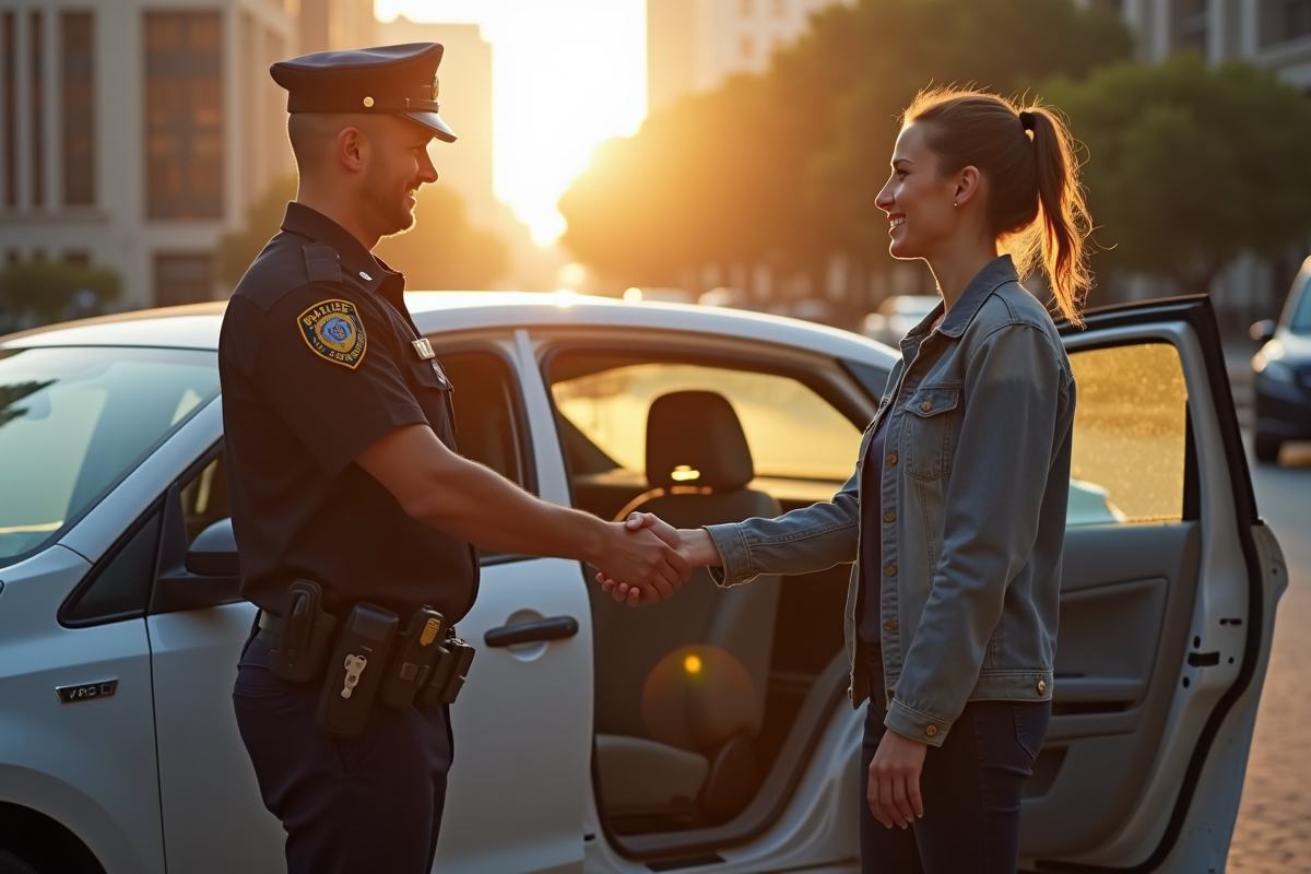 Policier et femme se serrant la main devant une voiture récupérée