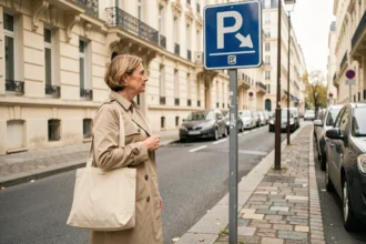 Riveraine lisant un panneau de zone de stationnement bleu dans une rue résidentielle française