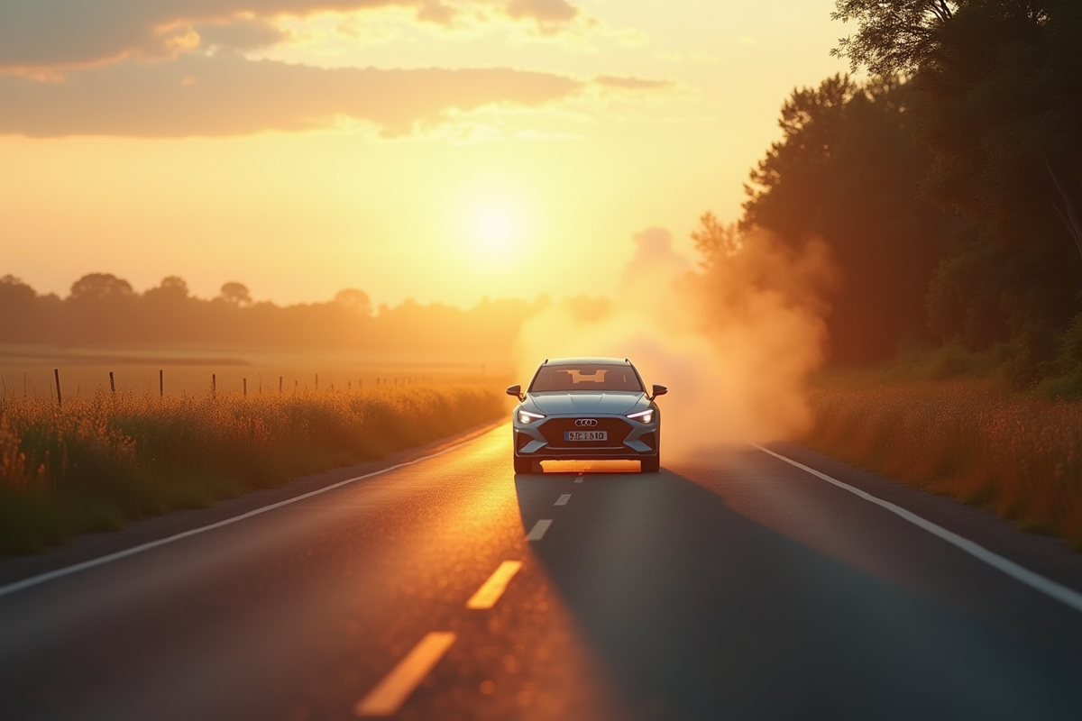 Voiture écologique sur route de campagne avec émissions en arrière-plan