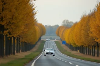 Route nationale française traversant la campagne avec une voiture en déplacement, alternative gratuite à l'autoroute