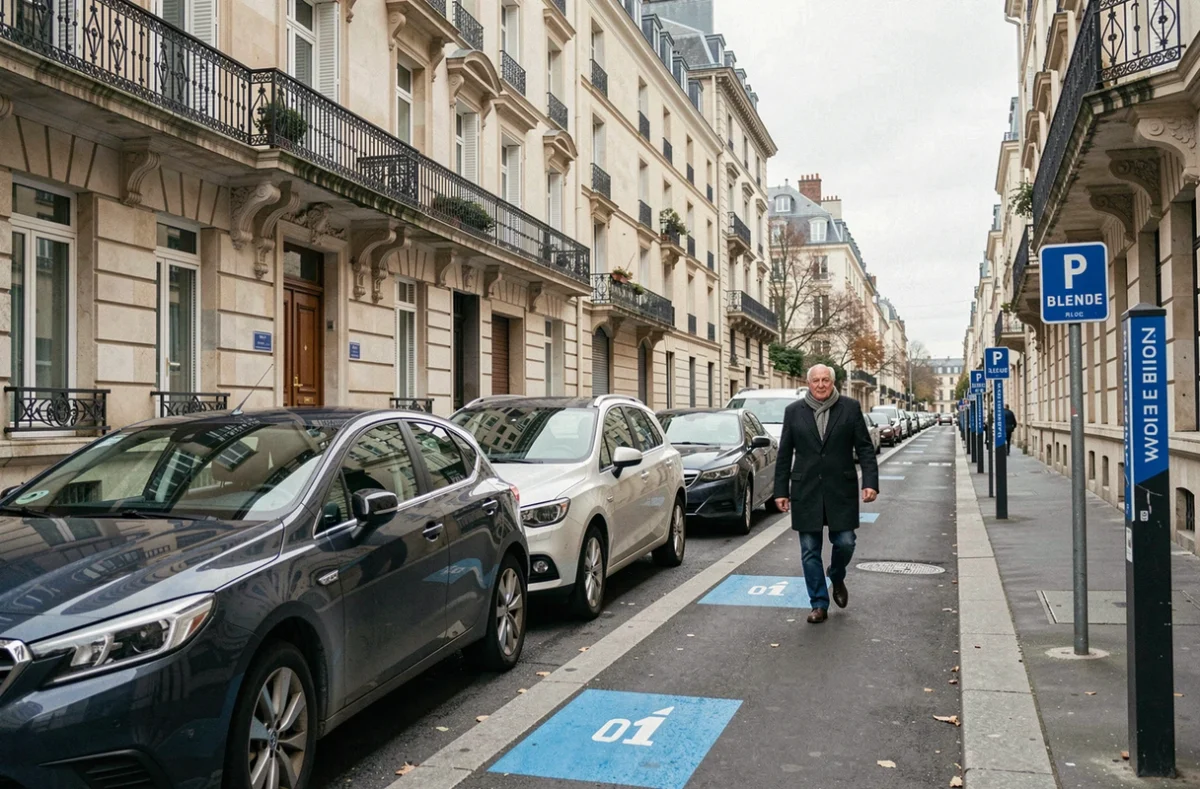 Vue de rue résidentielle française avec voitures garées en zone de stationnement bleu réglementée