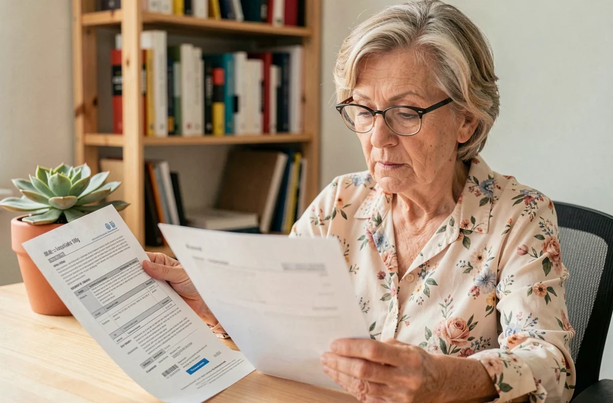 Femme senior comparant des offres d'assurance pour voiture sans permis à domicile