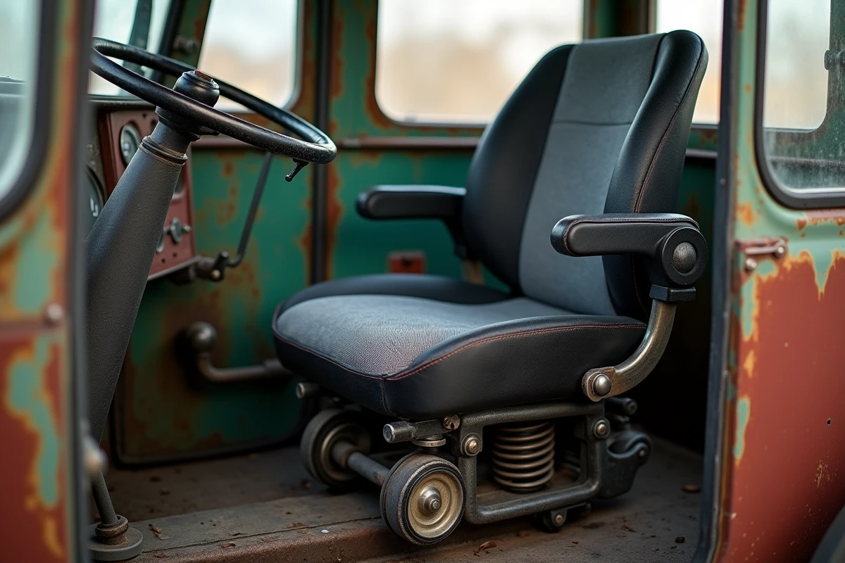 Siège ergonomique à suspension installé dans la cabine d'un ancien tracteur agricole