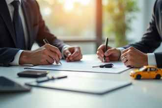 Deux adultes signant un contrat d'assurance auto au bureau