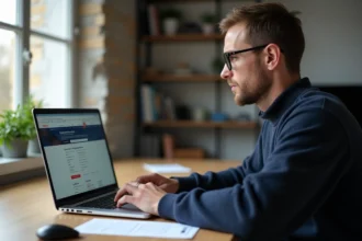 Homme consultant un simulateur de carte grise en ligne sur un ordinateur portable pour calculer les chevaux fiscaux d'un moteur 110 ch
