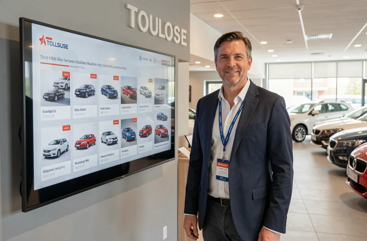 Vendeur devant un écran d'inventaire véhicules chez Sipa Automobiles Toulouse