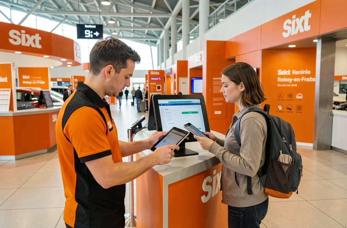 Agent Sixt utilisant une tablette pour finaliser une réservation avec une voyageuse au comptoir Sixt de Roissy