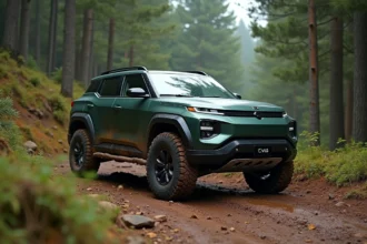 SUV électrique 4x4 moderne garé sur un sentier de montagne rocailleux entouré de forêt de pins