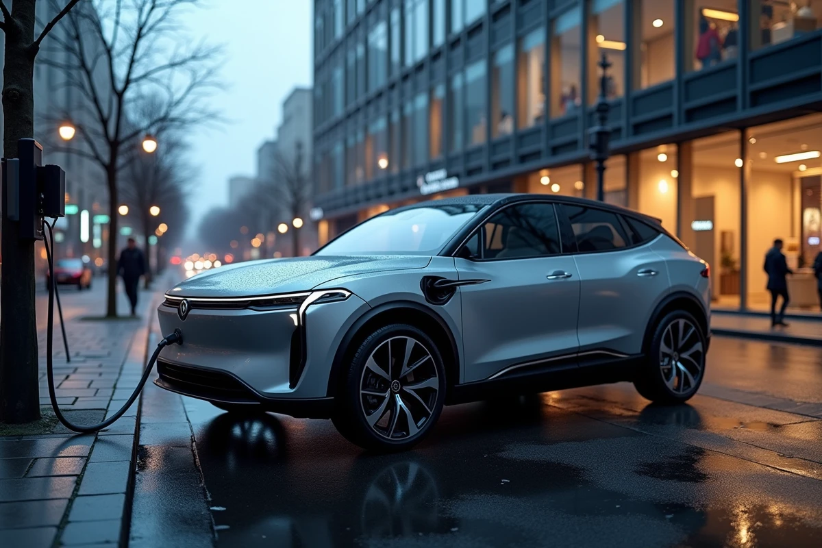SUV électrique moderne en charge sur une borne de recharge rapide dans une rue urbaine au crépuscule