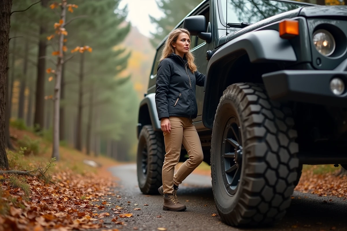 Femme debout à côté d'un SUV équipé de pneus 4x4 sur un chemin forestier en automne