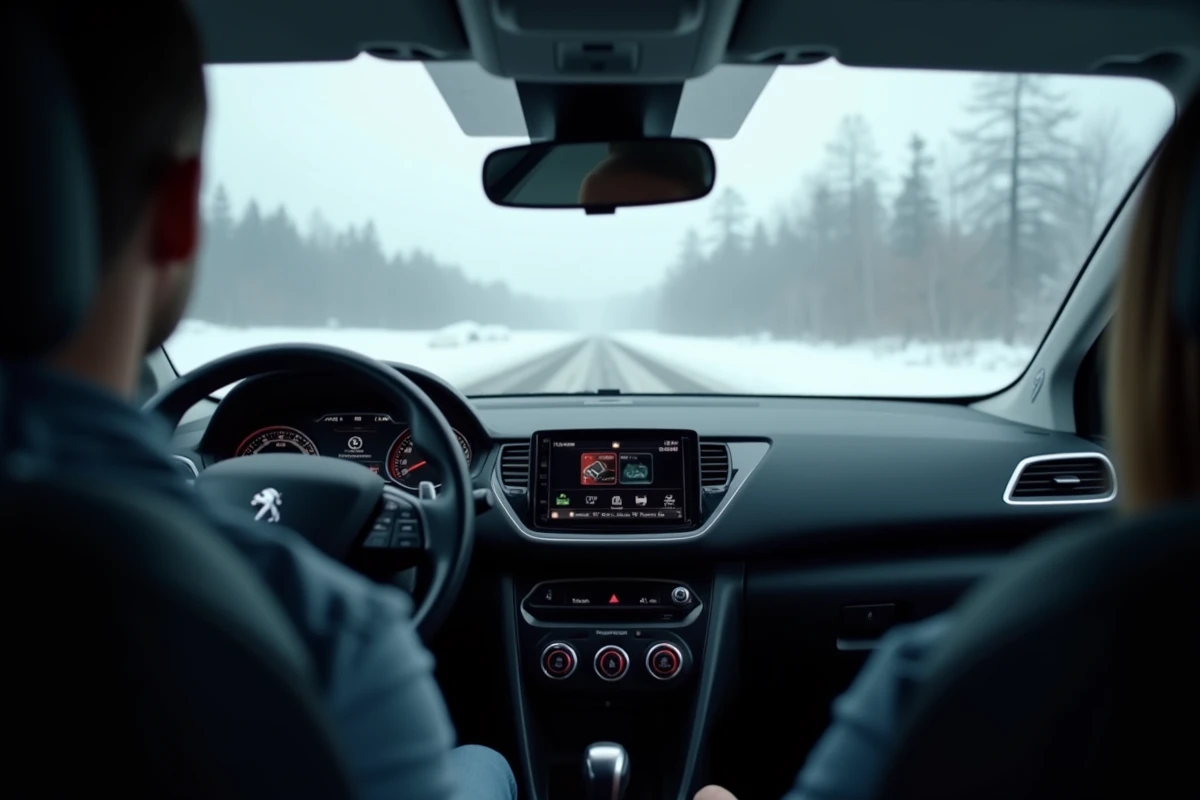 Tableau de bord Peugeot 208 avec voyants allumés au démarrage par temps froid hivernal