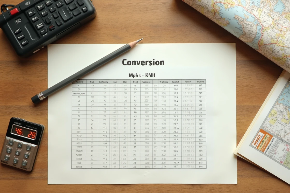 Vue de dessus d'un bureau avec tableau de conversion miles par heure en kilomètres par heure, calculatrice et atlas routier