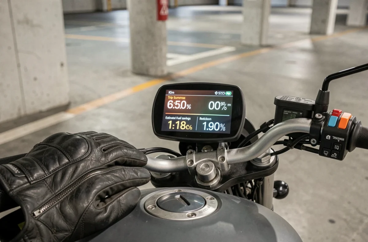 Tableau de bord de moto électrique affichant les économies de trajet et données kilométriques