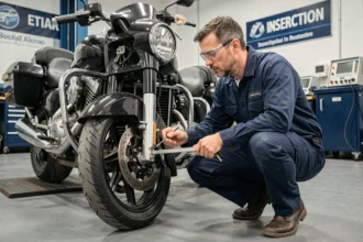 Technicien de contrôle technique inspectant une moto dans un centre de contrôle agréé