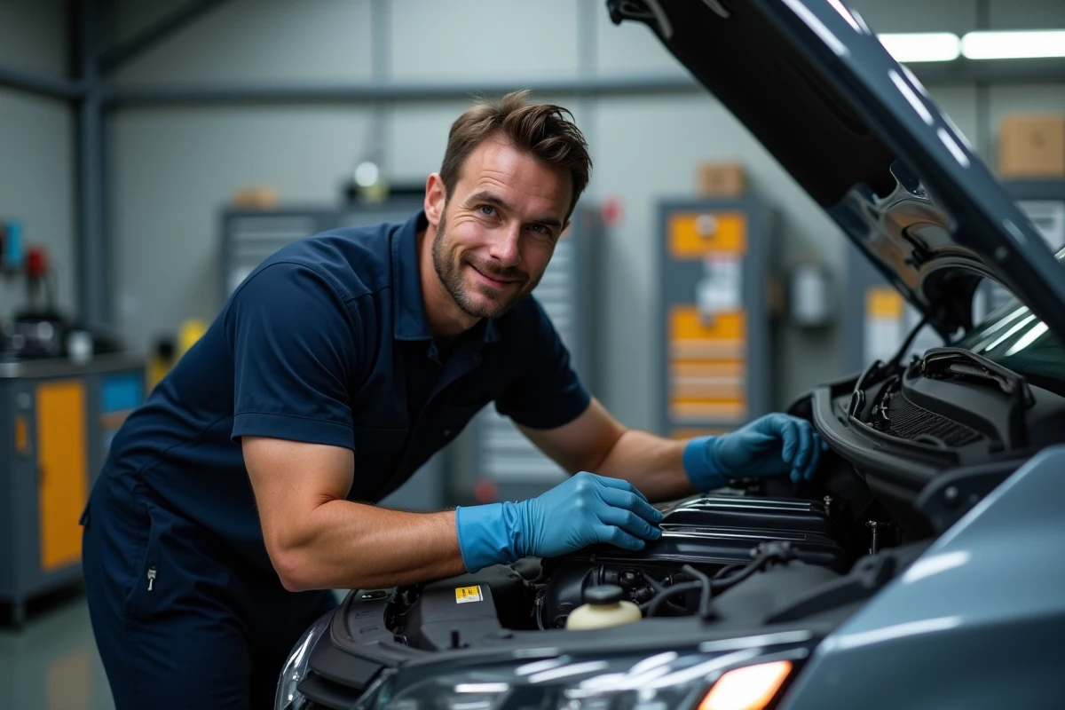 Technicien automobile inspectant un moteur diesel 1.5 dCi Renault dans un garage moderne