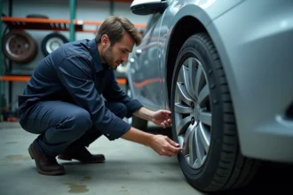 Technicien automobile inspectant les marquages de taille sur un pneu de berline dans un garage professionnel