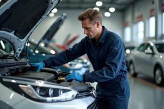 Technicien automobile inspectant le moteur d'une voiture reconditionnée dans un centre Aramisauto