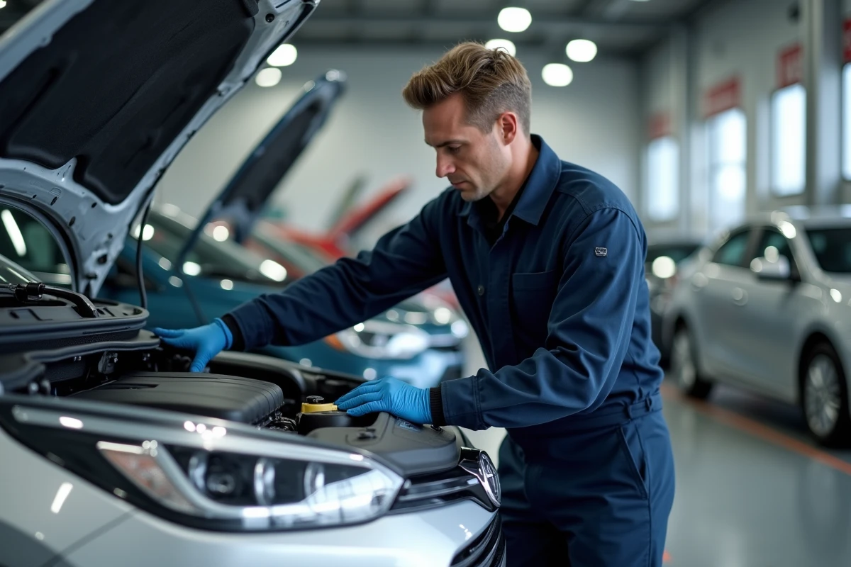 Technicien automobile inspectant le moteur d'une voiture reconditionnée dans un centre Aramisauto