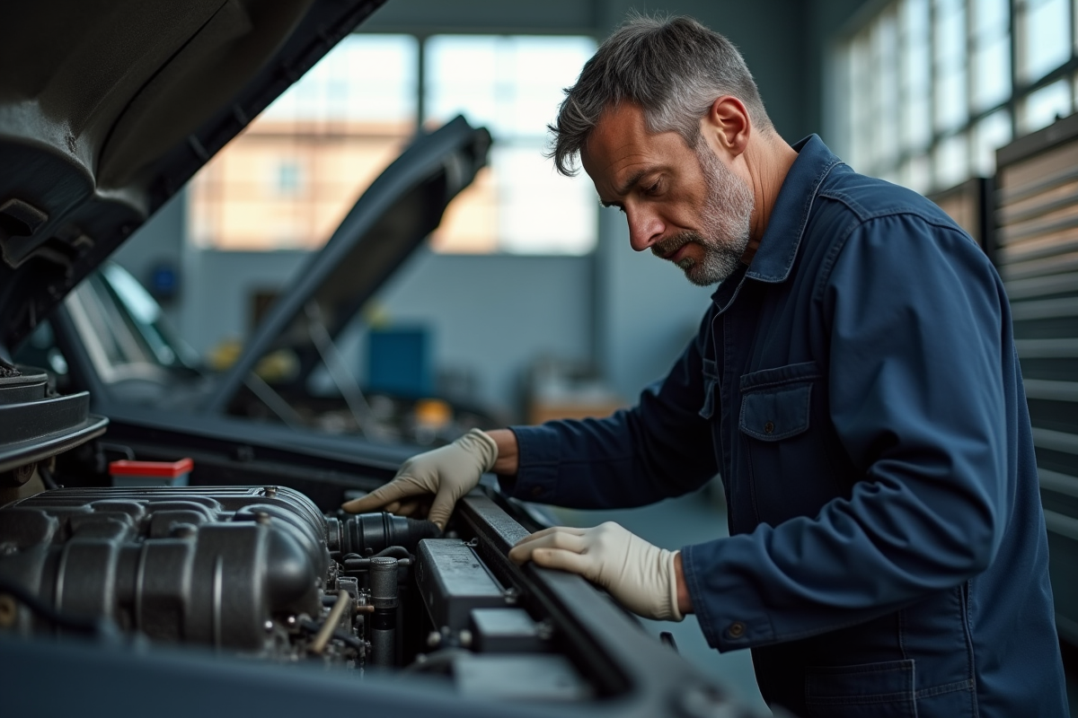 Technicien automobile en overalls examinant un moteur diesel