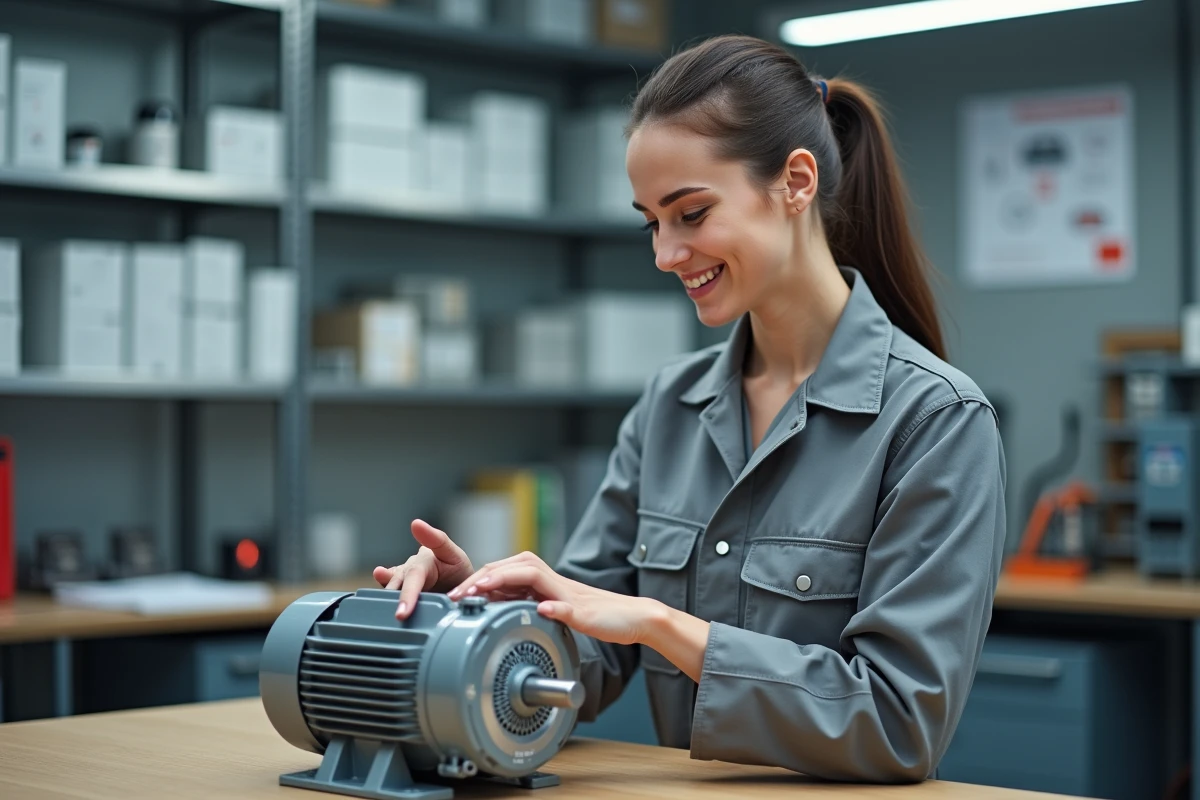 Jeune technicienne vérifie moteur électrique sur plan de travail