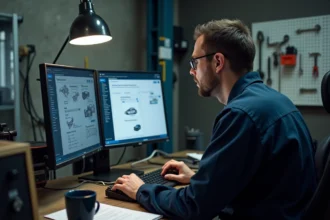 Technicien Renault paramétrant le logiciel New Dialogys sur un ordinateur dans un petit atelier automobile