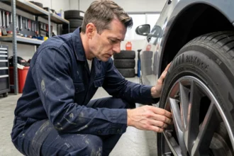 Technicien automobile examinant les marquages de taille sur un pneu dans un garage professionnel