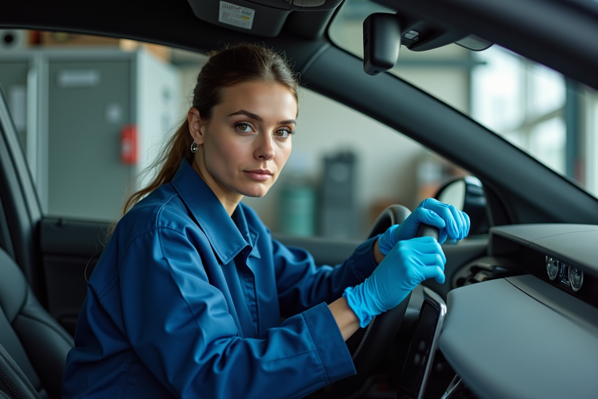 Technicienne auto examinant le tableau de bord d