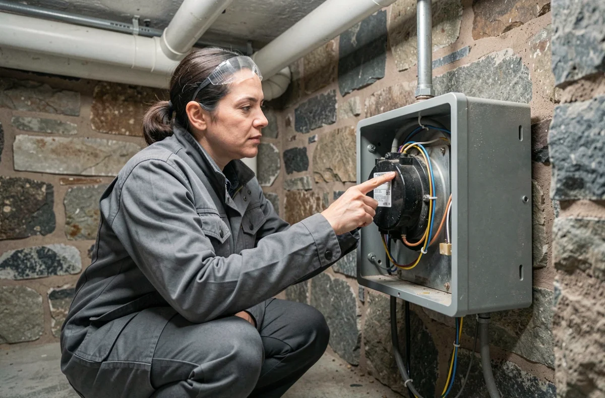 Technicienne en ventilation inspectant le condensateur de démarrage d'une VMC dans une cave résidentielle
