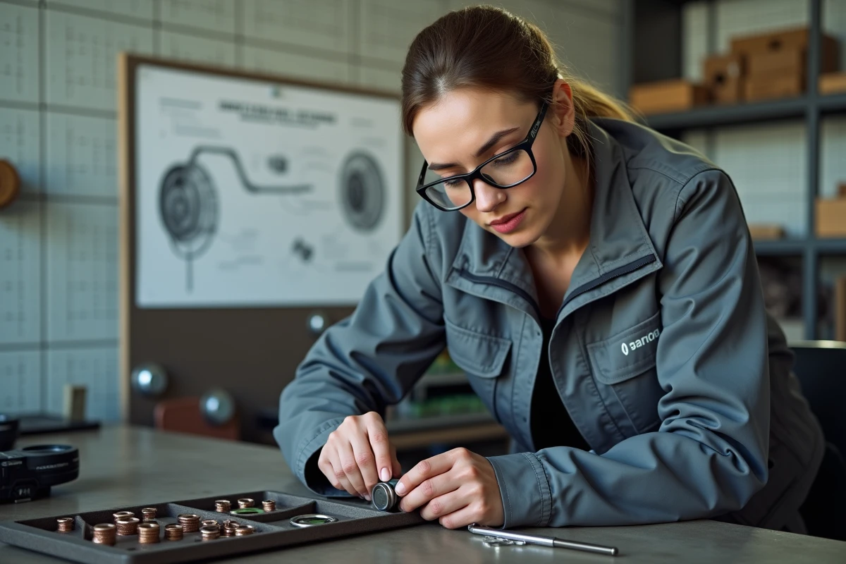 Technicienne automobile serrant un raccord de durite Avia au couple avec une clé dynamométrique dans un atelier organisé
