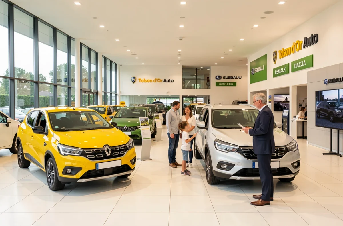 Salle d'exposition du concessionnaire Toison d'Or Auto Renault Dacia Subaru avec vendeur et clients devant des véhicules neufs