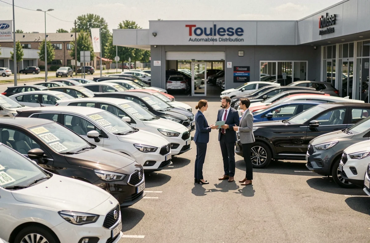 Parking de véhicules d'occasion de Toulouse Automobiles Distribution avec clients et vendeuse