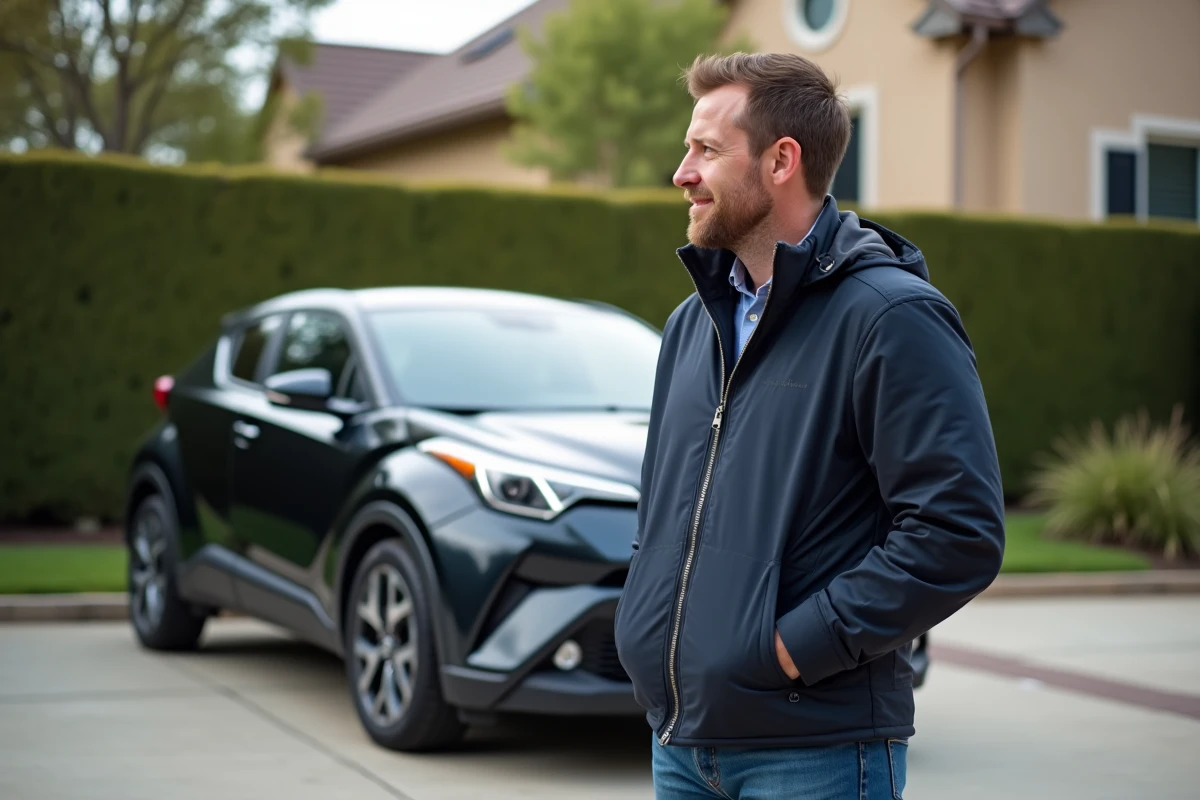 Propriétaire du Toyota C-HR 2026 debout à côté de son véhicule dans une allée résidentielle, exprimant sa satisfaction après six mois d'utilisation