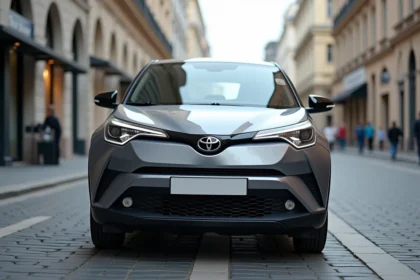 Toyota C-HR 2026 garé en ville, vue trois quarts avant mettant en valeur la carrosserie sculpturale et le toit coupé