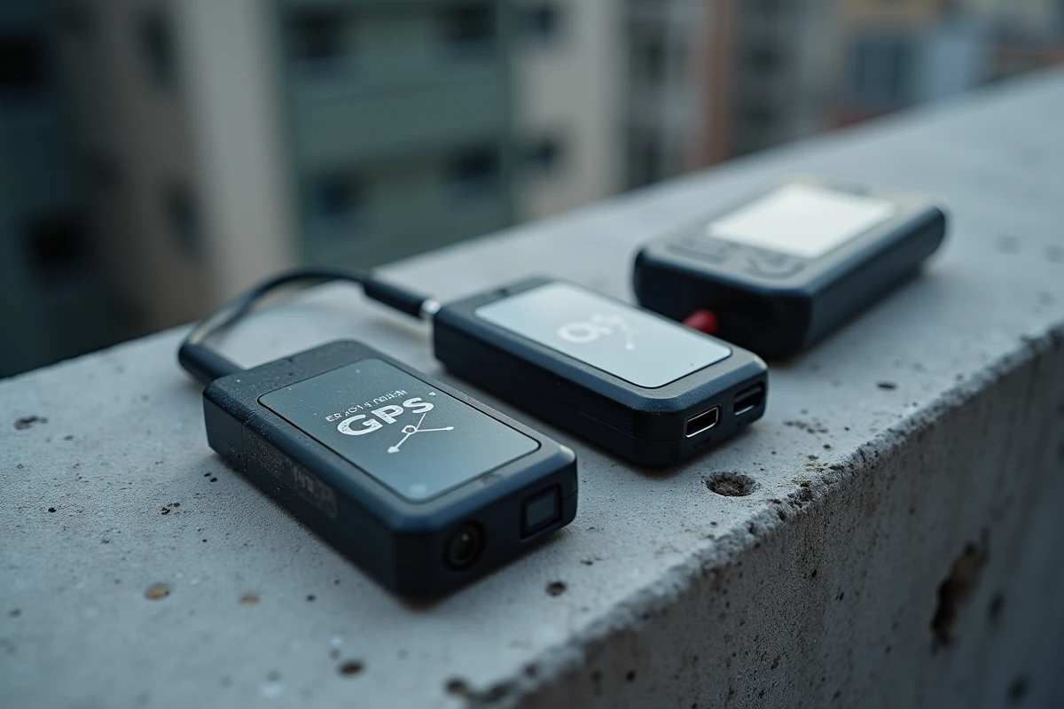Gros plan de traceurs GPS et d'un détecteur de signal posés sur béton, matériel d'espionnage et contre-espionnage