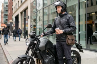 Homme avec moto électrique devant un bureau en ville lors d'un trajet domicile-travail