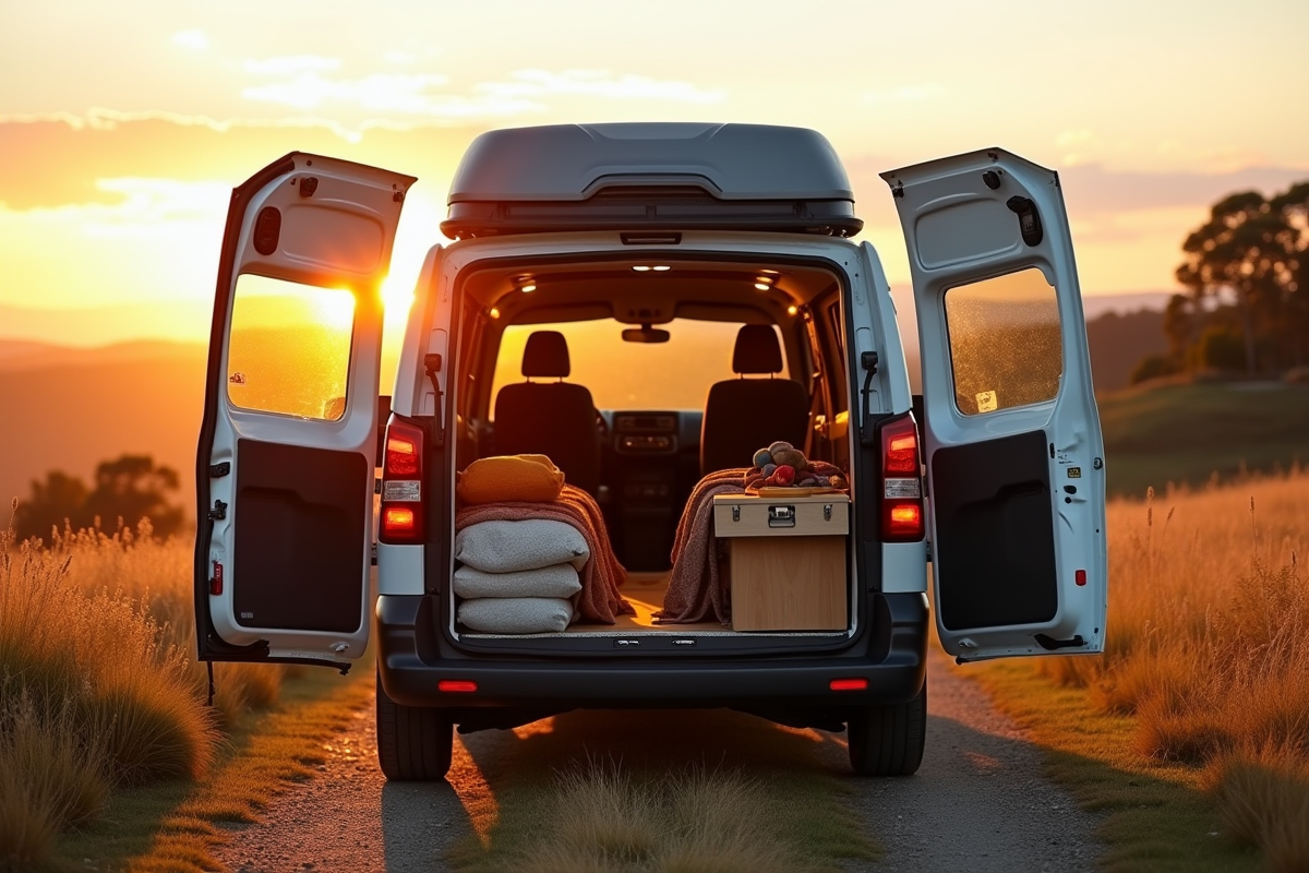 Van Peugeot Expert garé en campagne avec équipement de camping
