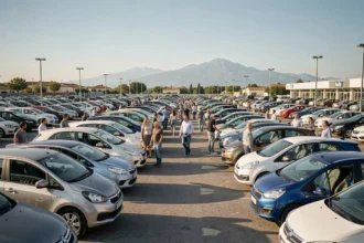 Vue panoramique d'un grand parking de voitures d'occasion en Haute-Garonne avec clients et vendeurs