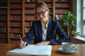 Femme professionnelle examinant attentivement une cession de vente en PDF sur un bureau en bois dans un bureau juridique moderne