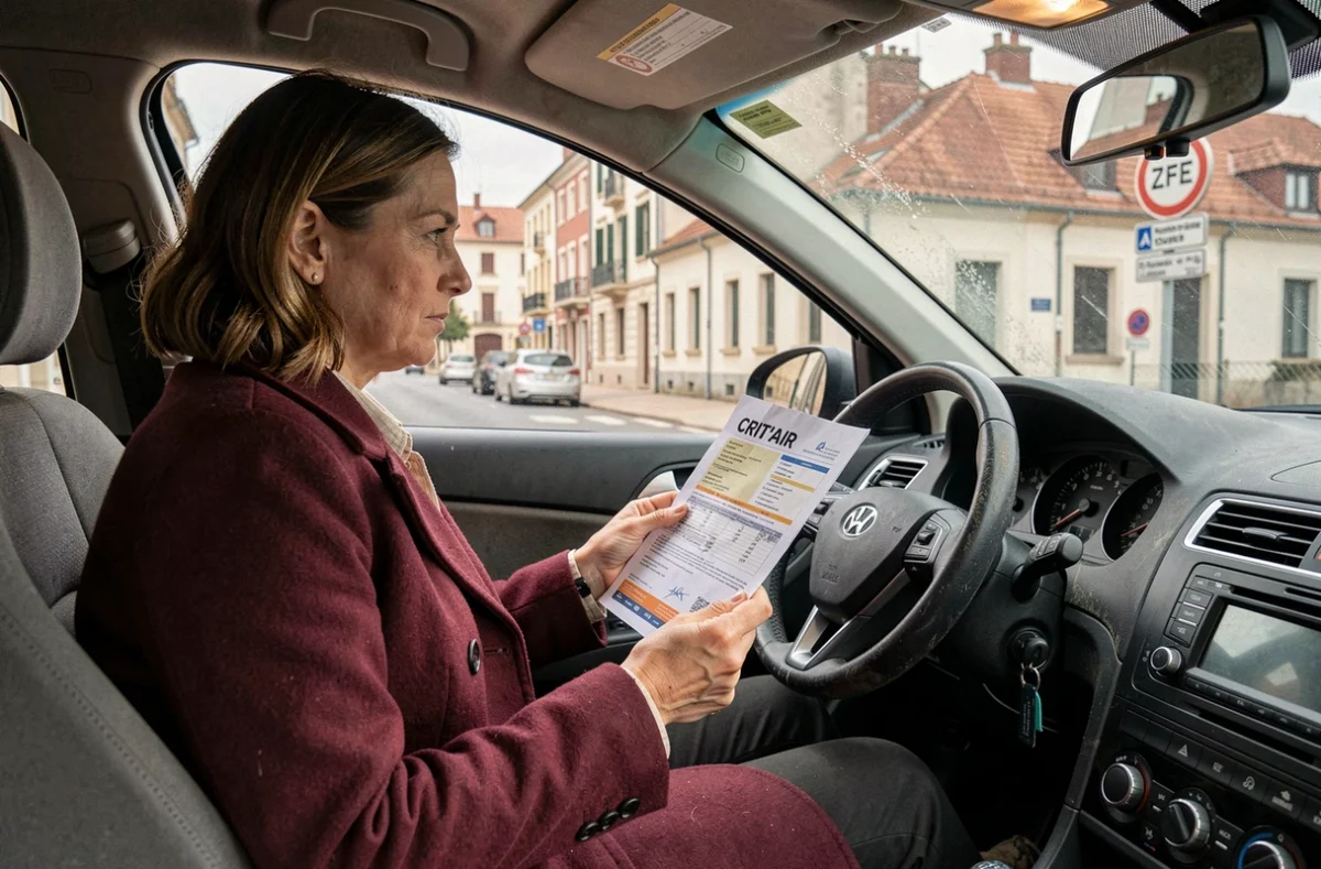 Femme vérifiant son certificat Crit'Air à l'intérieur de sa voiture face à une signalisation ZFE à Toulouse