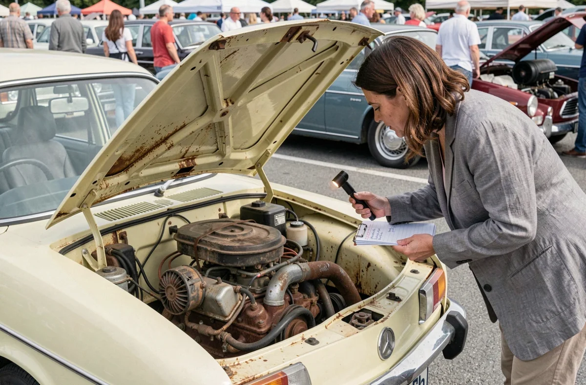 Femme inspectant le compartiment moteur arrière d'une Renault 8 jaune lors d'un marché de voitures classiques