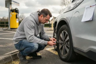 Homme vérifiant la pression d'un pneu de SUV avec un manomètre à une borne de gonflage avant un long trajet