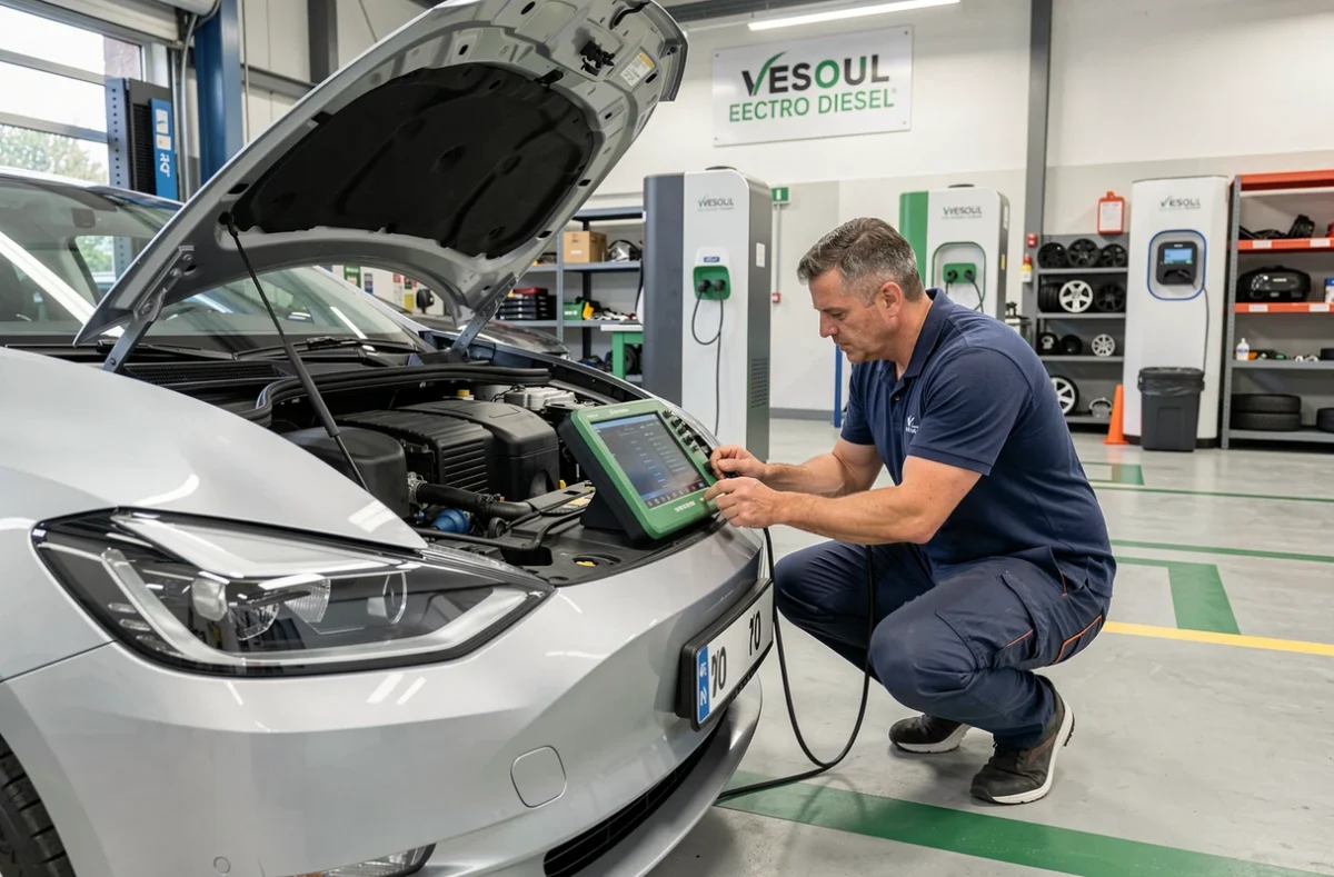 Mécanicien de Vesoul Electro Diesel effectuant un diagnostic sur un véhicule électrique ou hybride dans un atelier moderne
