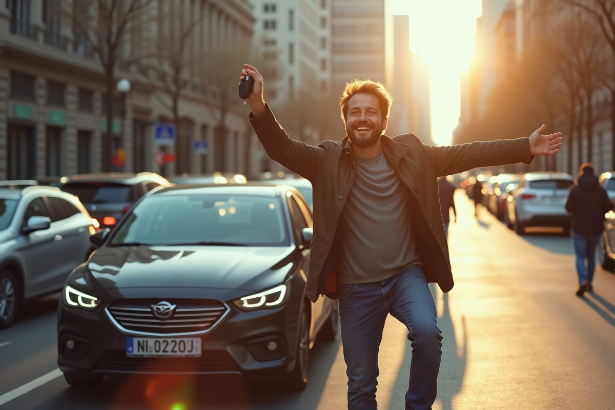 Homme retrouvant sa voiture volée dans une rue urbaine en plein jour