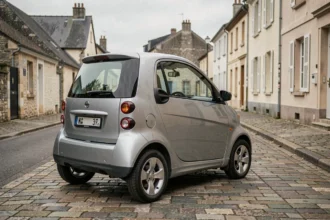 Voiture sans permis grise garée dans une rue résidentielle française avec badge boîte automatique visible