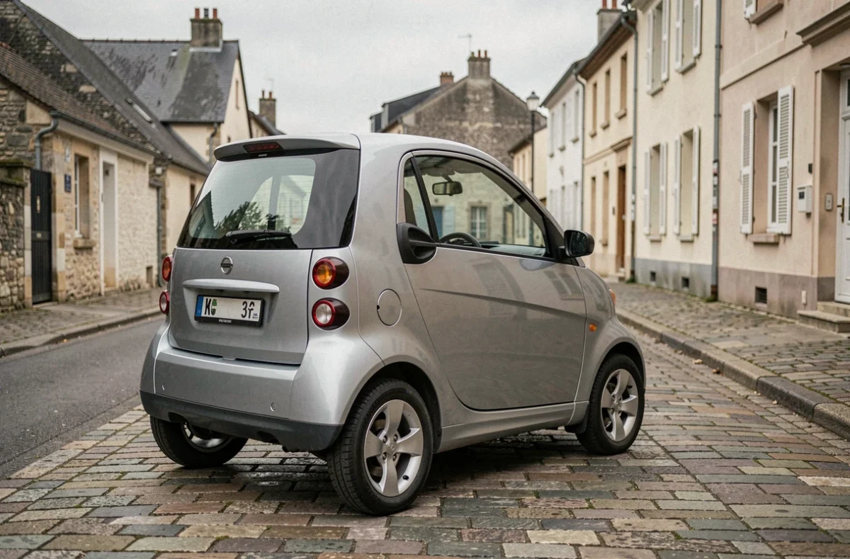 Voiture sans permis grise garée dans une rue résidentielle française avec badge boîte automatique visible