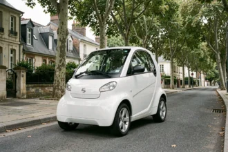 Voiture sans permis électrique blanche garée dans une rue résidentielle française