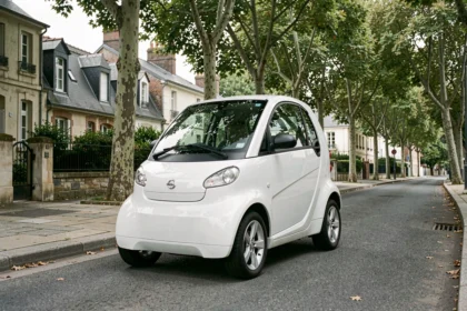 Voiture sans permis électrique blanche garée dans une rue résidentielle française